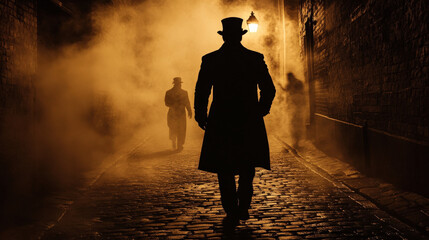 A Dark and Mysterious Victorian Man in a Top Hat Walking Through a Foggy Alleyway at Night