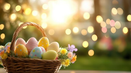 Colorful Easter Eggs in Woven Basket Surrounded by Soft Light
