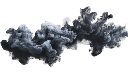 Black and white ink mixing in water creating abstract shapes on transparent background