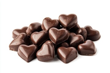 Obraz premium Dark chocolate heart candies pile, studio shot, white background, Valentine's Day (1)