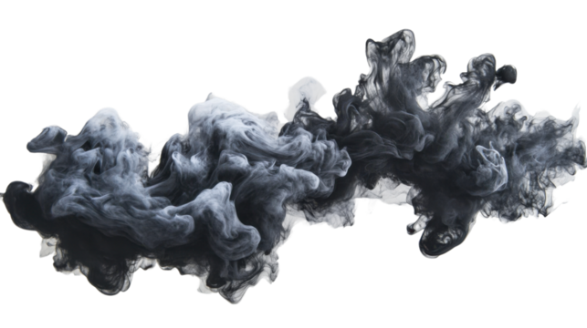 Black and white ink mixing in water creating abstract shapes on transparent background