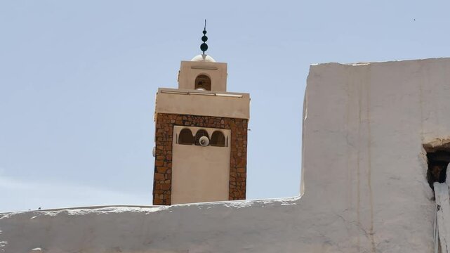 Traditional stone mosque minaret in a Berber village in Matmata, Tunisia