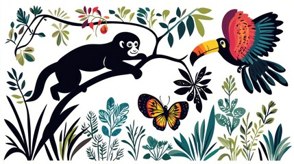 Obraz premium Monkey, toucan, butterfly in jungle; vibrant illustration for kids' book