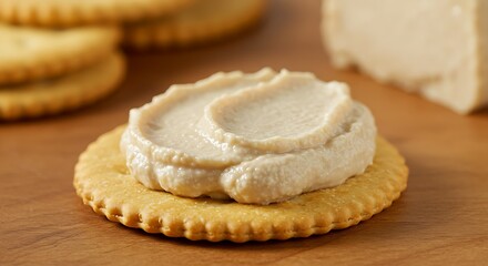 A spread of creamy cashew-based cheese on a crisp cracker.