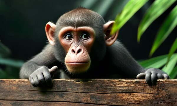 A charming young monkey is curiously peeking over a rustic wooden surface, showcasing its expressive face and inquisitive nature in a lush jungle setting.