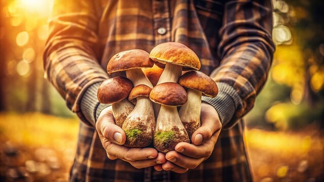 Vintage Photo: Hand Holding Edible Boletus aereus Mushrooms