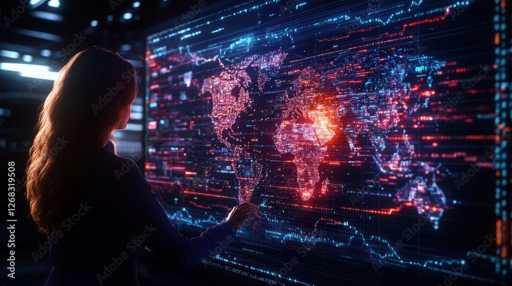 Poster woman using digital map on large screen for global data analysis and navigation in modern workspace