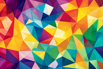 A vibrant digital artwork composed of various triangles in different sizes and colors, creating a dynamic and abstract background.