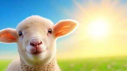 Fototapeta premium Close-Up of a Playful Lamb in a Green Meadow Under a Bright Sunny Sky