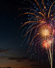Fireworks illuminate the night with brilliant hues and sparkling trails.