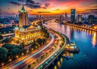 Obraz premium Vintage Saigon Night: Landmark Building, River, & Bridge Drone Shot
