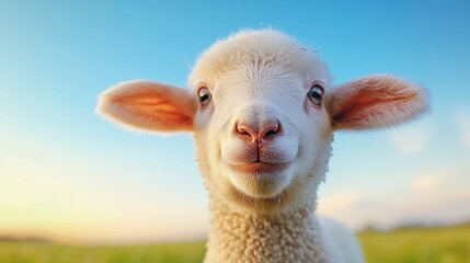 Obraz premium Close-Up Portrait of a Cute Lamb in a Green Pasture Under a Bright Blue Sky