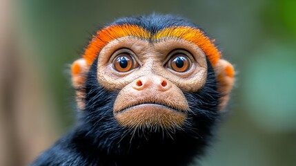 Fototapeta premium Close-Up Portrait of a Monkey with Distinctive Orange and Black Fur in Natural Habitat