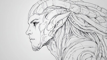 Fototapeta premium Cybernetic Elf Profile, Line Art, Studio, White Background, Sci-Fi Concept