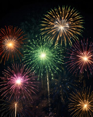 Fototapeta premium Bright fireworks explode in the dark sky, creating a stunning visual display.