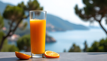 Vibrant orange juice with stunning bay vista and citrus slices - a refreshing and natural escape...