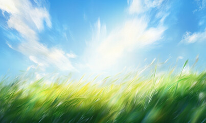 Windy Grass Field with Blurred Motion Effect Under Blue Sky, Nature Landscape