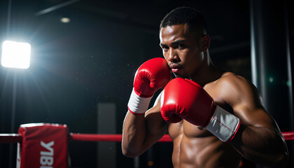 Fierce african american boxer guarding in ring corner - unwavering resolve for combat sports and athletic achievement