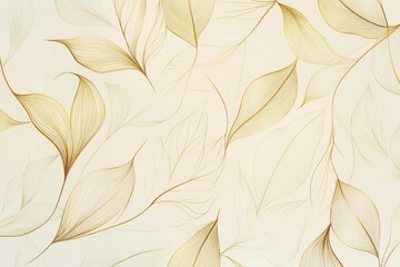 Gold line art of delicate leaves forming a luxury pattern on a natural beige background, perfect for wallpaper and fabric design.