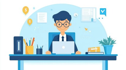 Fototapeta premium Cartoon office worker focused on laptop with stationery and documents around., social media content creator concept