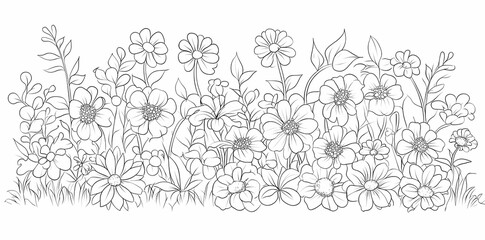 Fototapeta premium Floral Line Art: A detailed line drawing showcasing a vibrant array of flowers and foliage