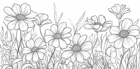 Blooming Meadow Sketch: A delicate illustration of a meadow abundant with vibrant daisies and assorted wildflowers. The artwork captures the essence of a peaceful summer day.