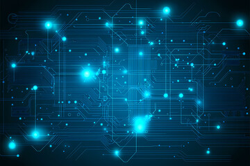 An intricate vector illustration of a blue circuit board with futuristic digital tech elements.