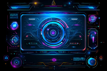 An intricate vector illustration of a blue circuit board with futuristic digital tech elements.