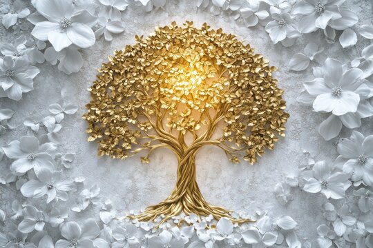 Ornamental 3D mural with a glowing golden tree of life surrounded by realistic white floral accents and rich textures.