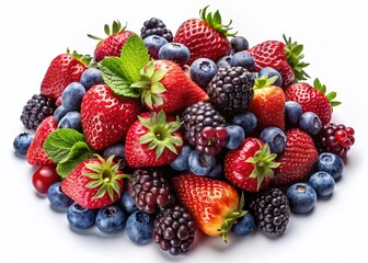 Fototapeta premium Vintage Style Photo: Fresh Berries - Strawberries, Raspberries, Blackberries, Blueberries Isolated on White