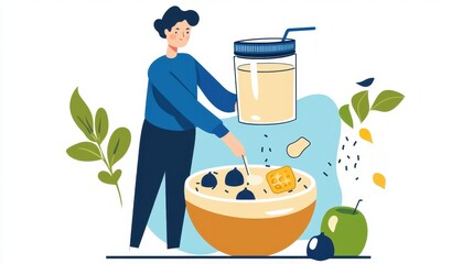 Person making a smoothie in a bowl with fruits and a drink jar., social media content creator concept