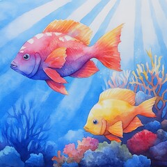 Naklejka premium Colorful Tropical Fish Swimming Among Vibrant Coral Reefs Illuminated by Sunlight