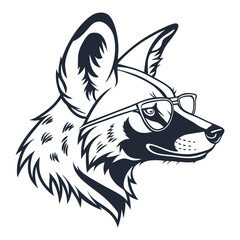 A stylish wild dog head hipster logo featuring a sleek, bearded canine with glasses and a modern, edgy vibe. Perfect for trendy brands, apparel, or creative businesses.