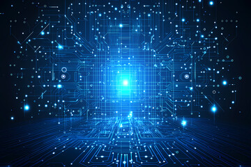 An intricate vector illustration of a blue circuit board with futuristic digital tech elements.