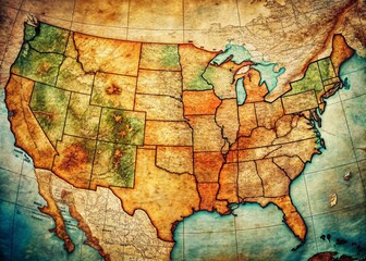 Vintage Style US Map: Detailed Topographic View, Overhead Perspective, Accurate Colors