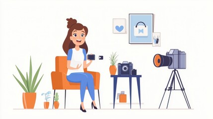 Cheerful woman with a camera in a cozy, stylish interior setting., social media content creator concept