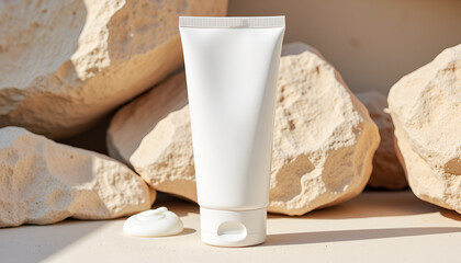 Alluring skincare product amidst rugged rock setting - sophisticated elegance for high-end beauty promotions