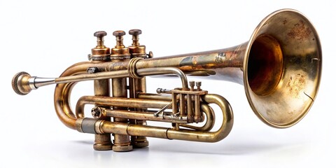 Naklejka premium Vintage Trumpet, Antique Brass Musical Instrument, Isolated on White Background