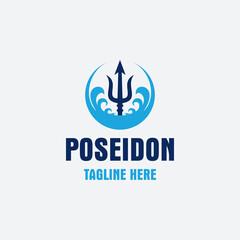 Modern Poseidon trident logo design vector illustration in a blue color isolated on a white background