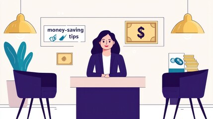 Professional woman in an office promoting money-saving tips., social media content creator concept