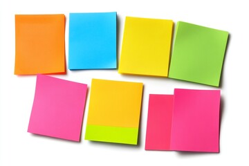 Colorful sticky notes arranged on white background, office supplies, planning