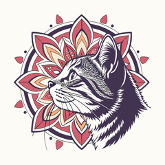 A cat's face adorned with an intricate mandala pattern, blending symmetry and elegance. Detailed lines create a mesmerizing, calming design with feline charm.