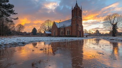 Fototapeta premium A picturesque church surrounded by snow and a reflective water body at sunset.