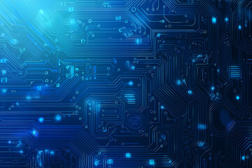 An intricate vector illustration of a blue circuit board with futuristic digital tech elements.