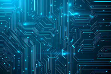 An intricate vector illustration of a blue circuit board with futuristic digital tech elements.