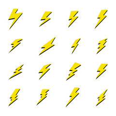 Piorun, błyskawica, wyładowanie elektryczne, grzmot. Zestaw elementów wektorowych w prostym kreskówkowym stylu.