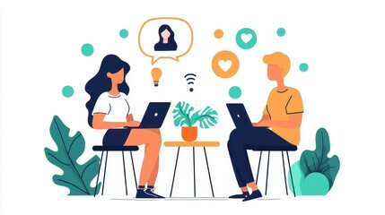 Fototapeta premium Two people working on laptops with creative elements and communication icons., social media content creator concept