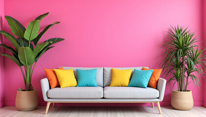 Eclectic living room with vibrant plants and bold pink backdrop - a modern sanctuary for creative living spaces
