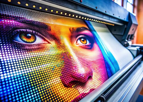 Wall Printer in Action: CMYK Halftone Printing Technology Stock Photo