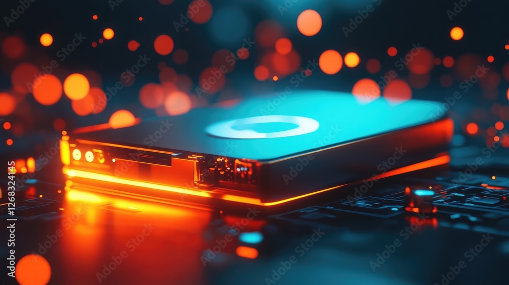 Poster an abstract concept of data storage with a glowing hard drive and floating tech symbols. plenty of c